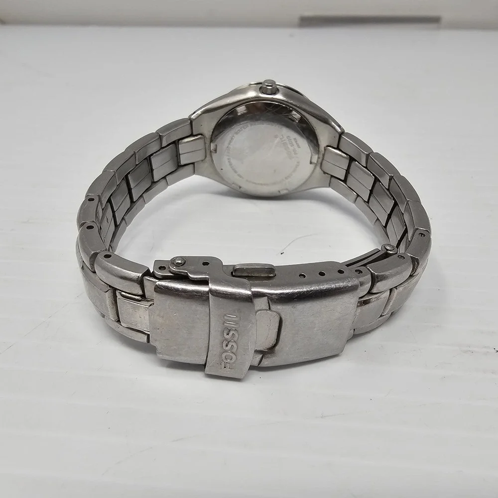 Fossil Watch Women 30mm PR-5099 Silver Tone Blue Checkered Dial New Battery 7